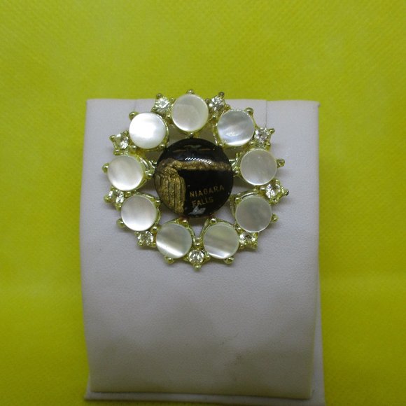 Niagra Falls Reverse Glass Rhinestones Mother Of Pearl Brooch - Picture 1 of 8